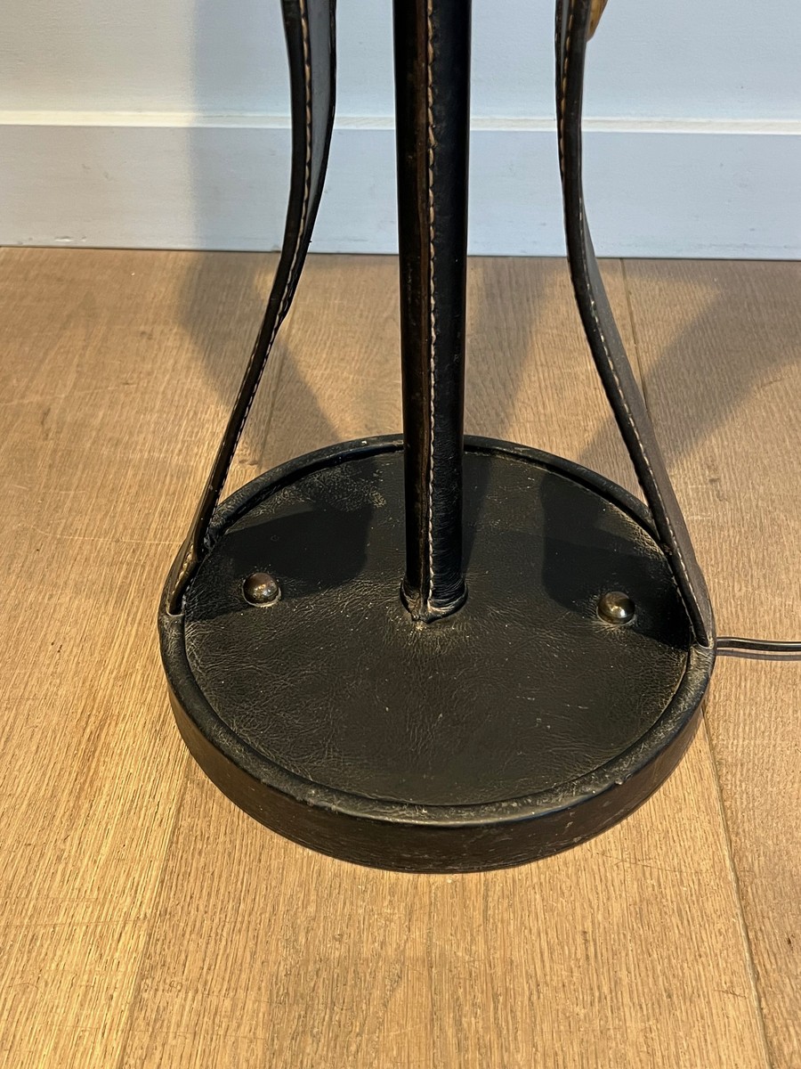 Floor Lamp In Black Saddle-stitched Leather With Brass Equestrian Medallions. Jacques Adnet. Ci-photo-7