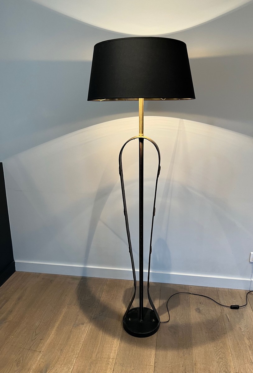 Floor Lamp In Black Saddle-stitched Leather With Brass Equestrian Medallions. Jacques Adnet. Ci-photo-8