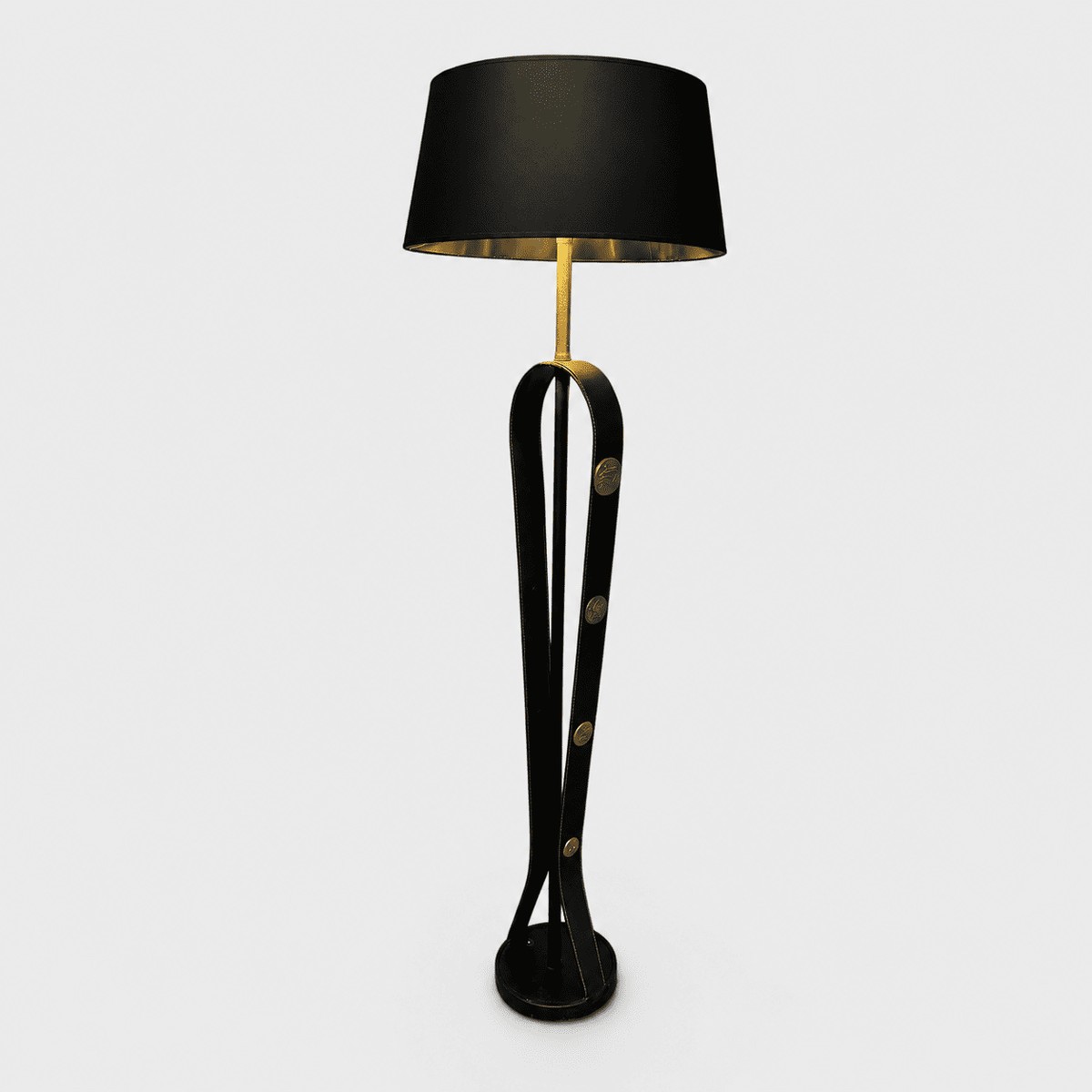 Floor Lamp In Black Saddle-stitched Leather With Brass Equestrian Medallions. Jacques Adnet. Ci