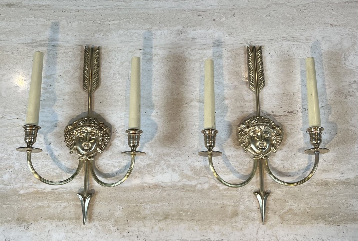 Pair Of Two-light Bronze Sconces With Arrow And Bacchante Mask Decoration. Neoclassical Style. -photo-2