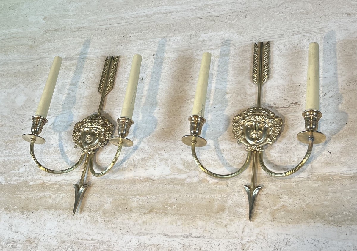 Pair Of Two-light Bronze Sconces With Arrow And Bacchante Mask Decoration. Neoclassical Style. -photo-3