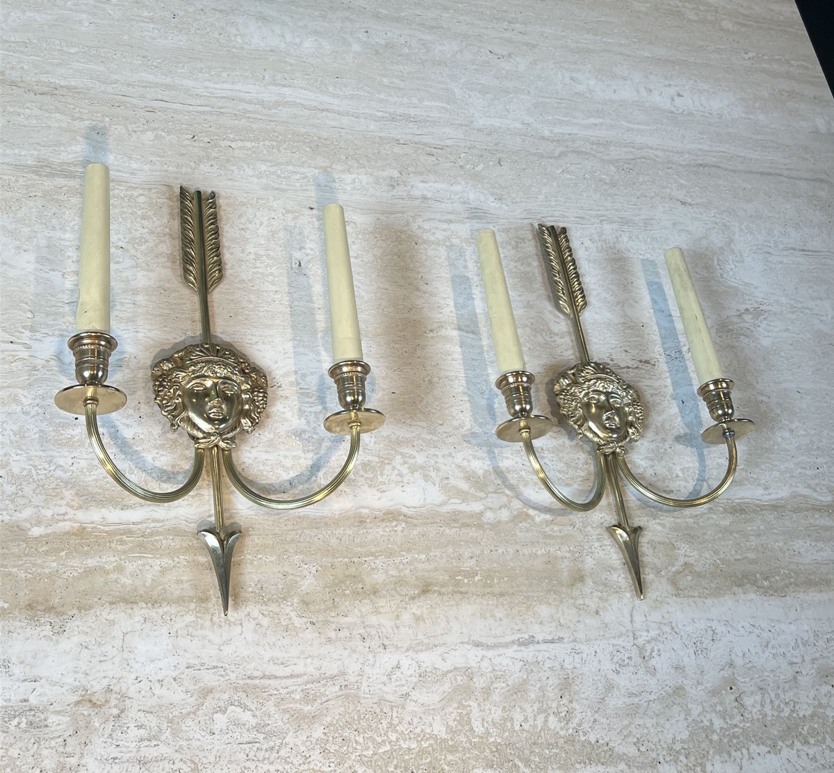 Pair Of Two-light Bronze Sconces With Arrow And Bacchante Mask Decoration. Neoclassical Style. -photo-4