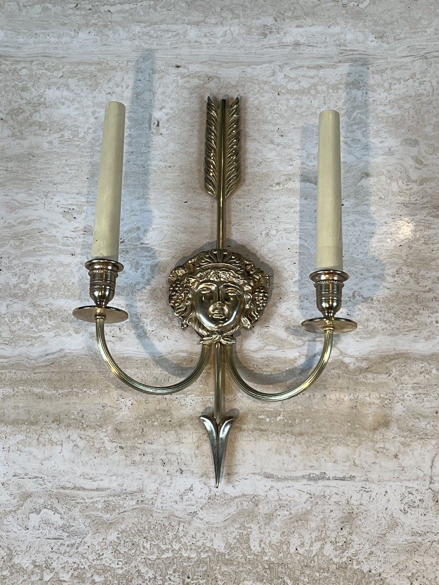 Pair Of Two-light Bronze Sconces With Arrow And Bacchante Mask Decoration. Neoclassical Style. -photo-1