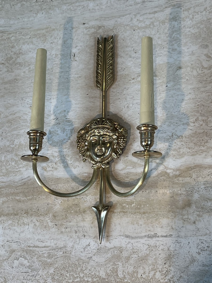 Pair Of Two-light Bronze Sconces With Arrow And Bacchante Mask Decoration. Neoclassical Style. -photo-2