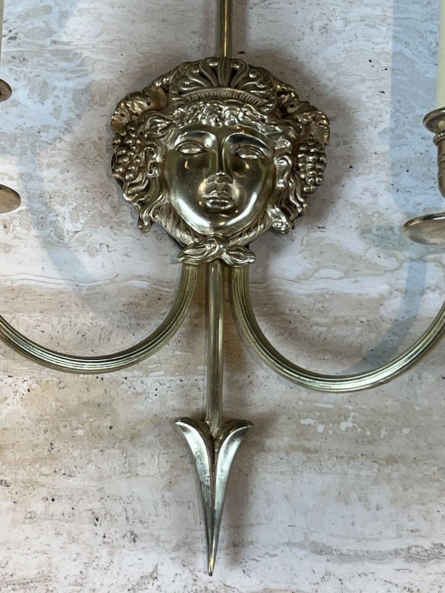 Pair Of Two-light Bronze Sconces With Arrow And Bacchante Mask Decoration. Neoclassical Style. -photo-4