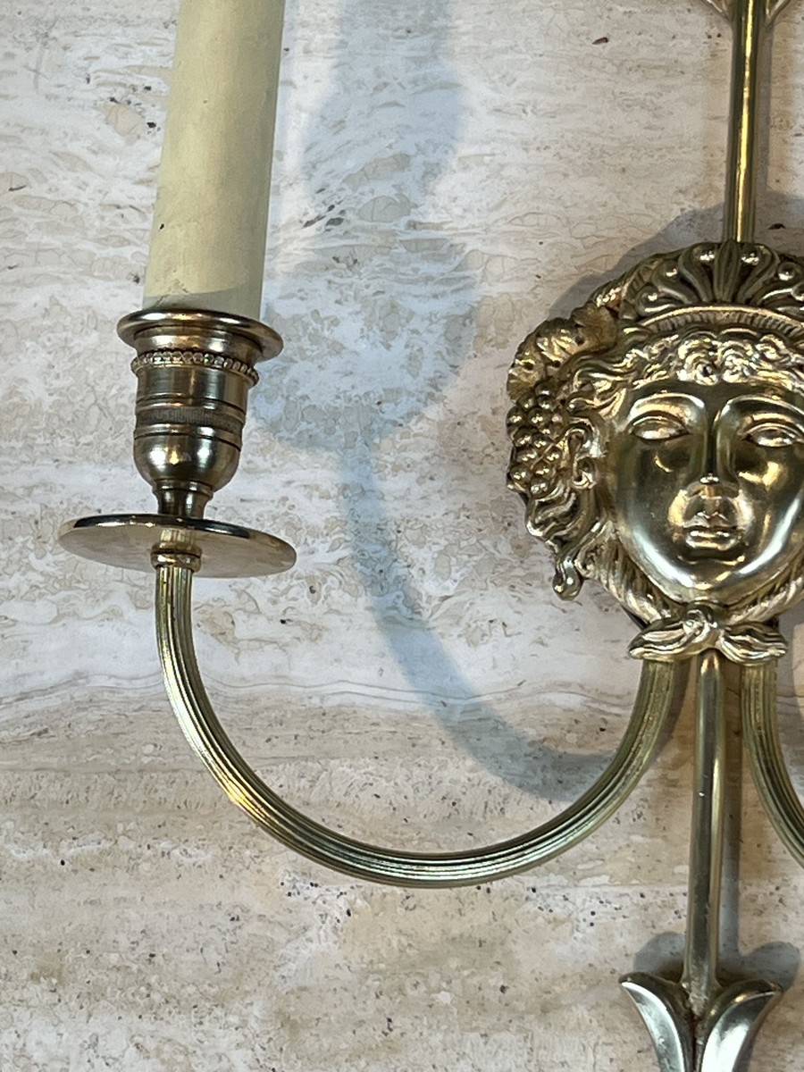 Pair Of Two-light Bronze Sconces With Arrow And Bacchante Mask Decoration. Neoclassical Style. -photo-5