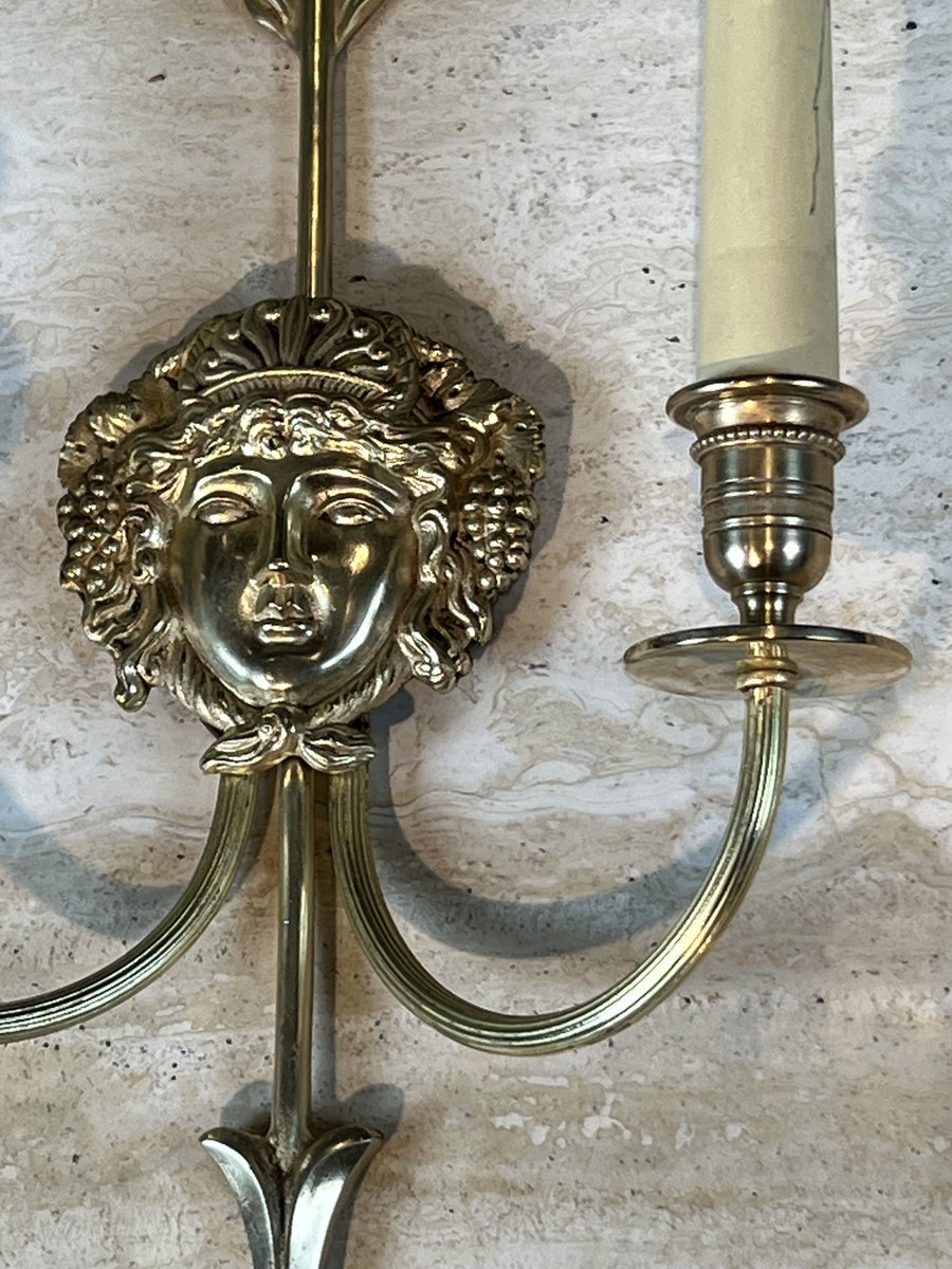 Pair Of Two-light Bronze Sconces With Arrow And Bacchante Mask Decoration. Neoclassical Style. -photo-6
