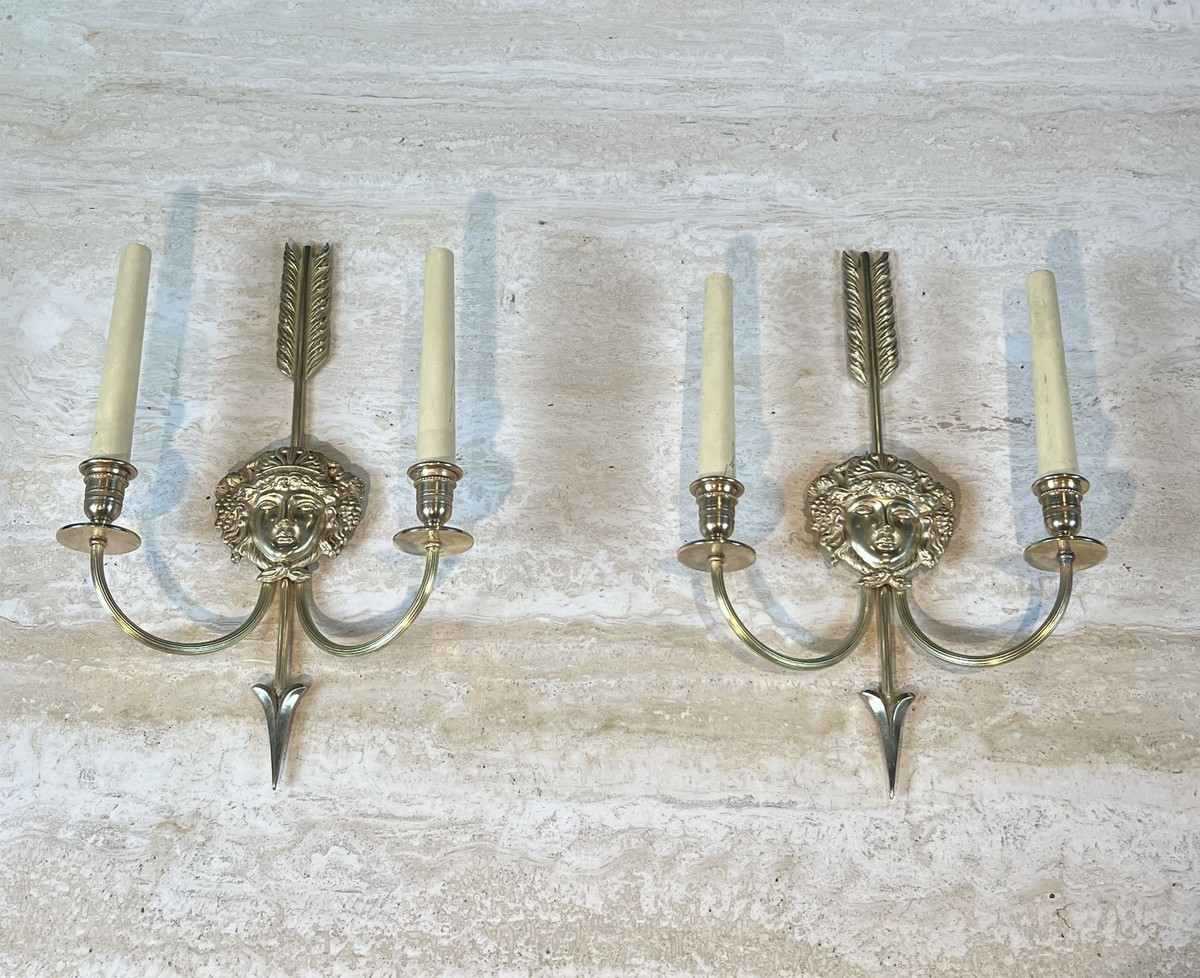 Pair Of Two-light Bronze Sconces With Arrow And Bacchante Mask Decoration. Neoclassical Style. -photo-8