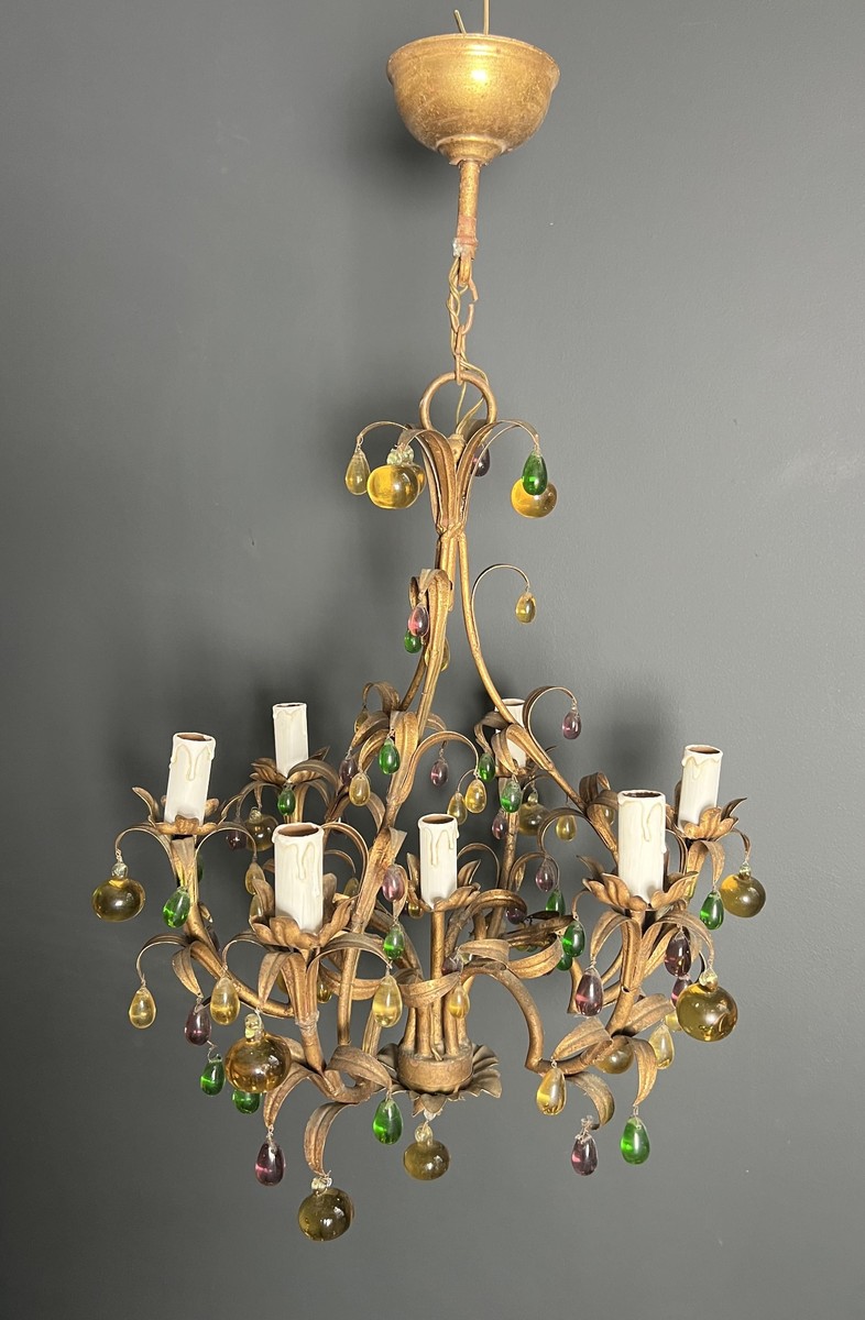 Lustre Cage en Métal Doré à Décor de Feuillage et Fruits en Verre Multicolore. Travail Italien.-photo-3