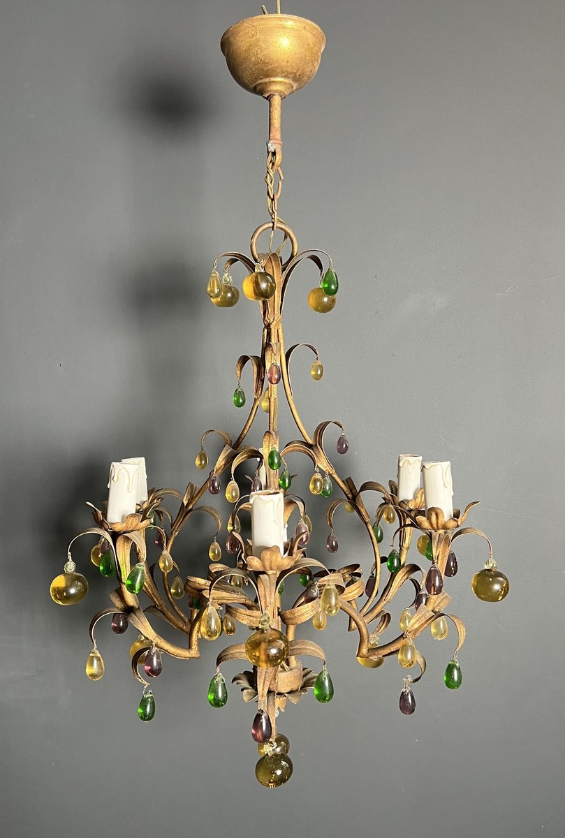 Lustre Cage en Métal Doré à Décor de Feuillage et Fruits en Verre Multicolore. Travail Italien.-photo-4