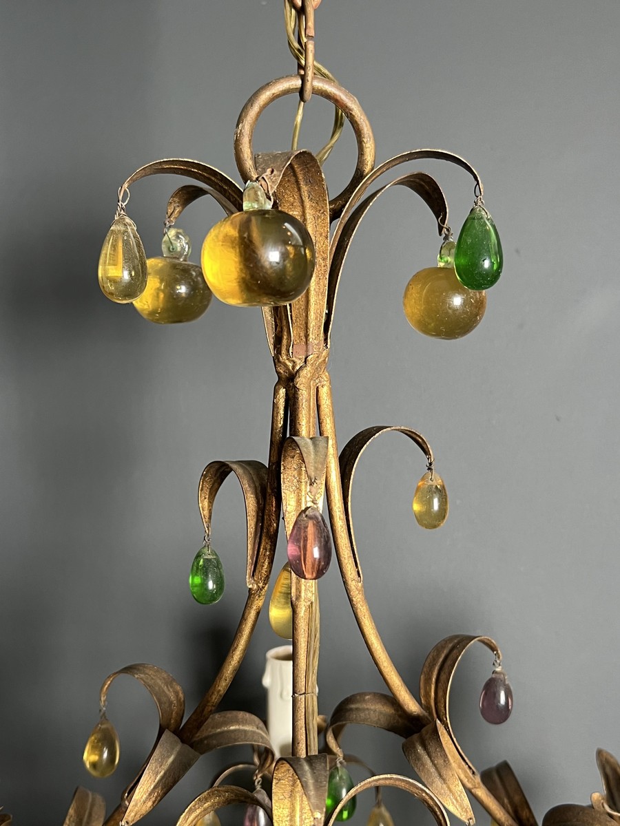 Lustre Cage en Métal Doré à Décor de Feuillage et Fruits en Verre Multicolore. Travail Italien.-photo-2