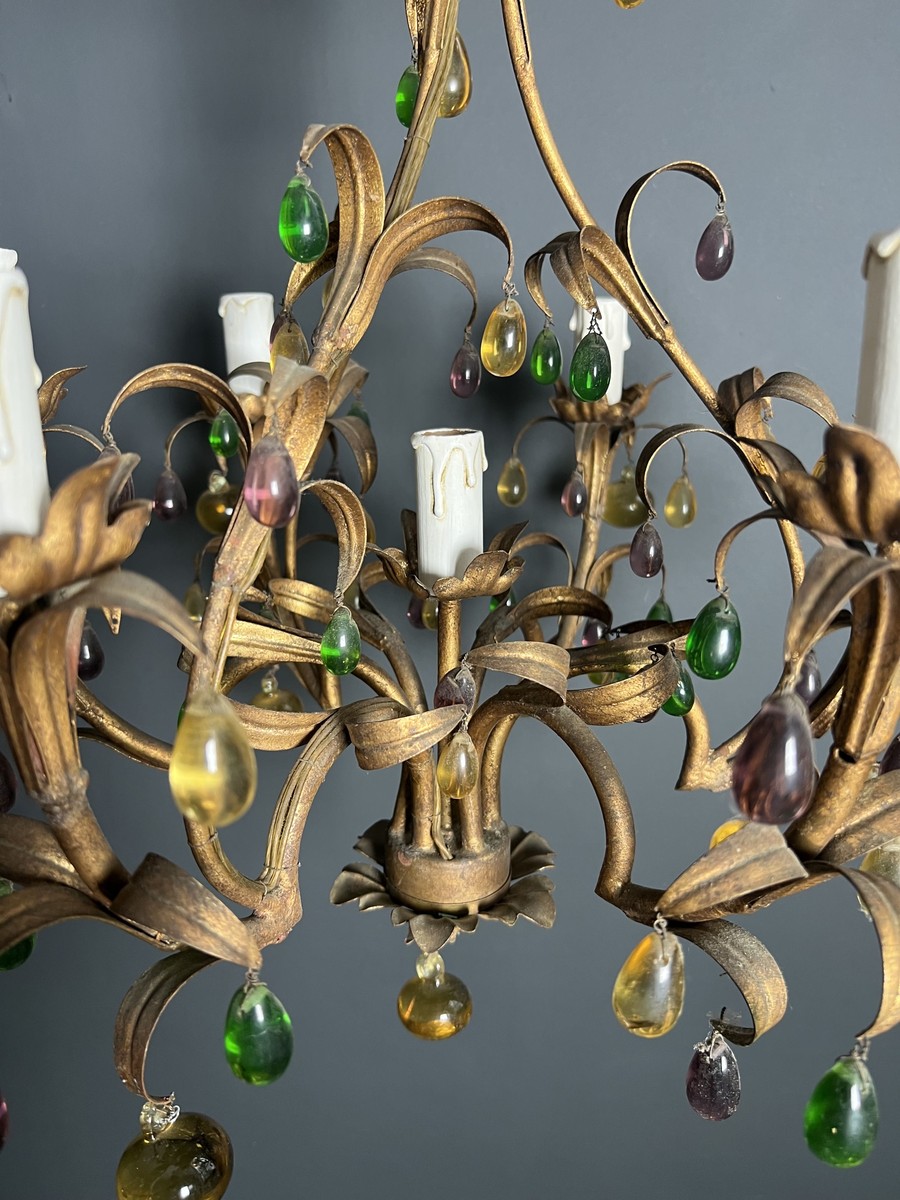 Lustre Cage en Métal Doré à Décor de Feuillage et Fruits en Verre Multicolore. Travail Italien.-photo-3