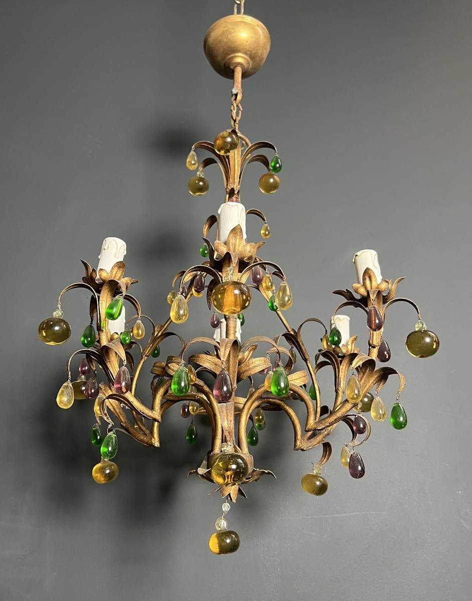 Lustre Cage en Métal Doré à Décor de Feuillage et Fruits en Verre Multicolore. Travail Italien.-photo-6