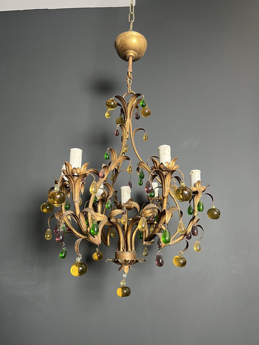 Lustre Cage en Métal Doré à Décor de Feuillage et Fruits en Verre Multicolore. Travail Italien.-photo-7