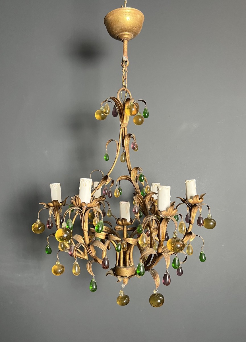 Lustre Cage en Métal Doré à Décor de Feuillage et Fruits en Verre Multicolore. Travail Italien.-photo-8