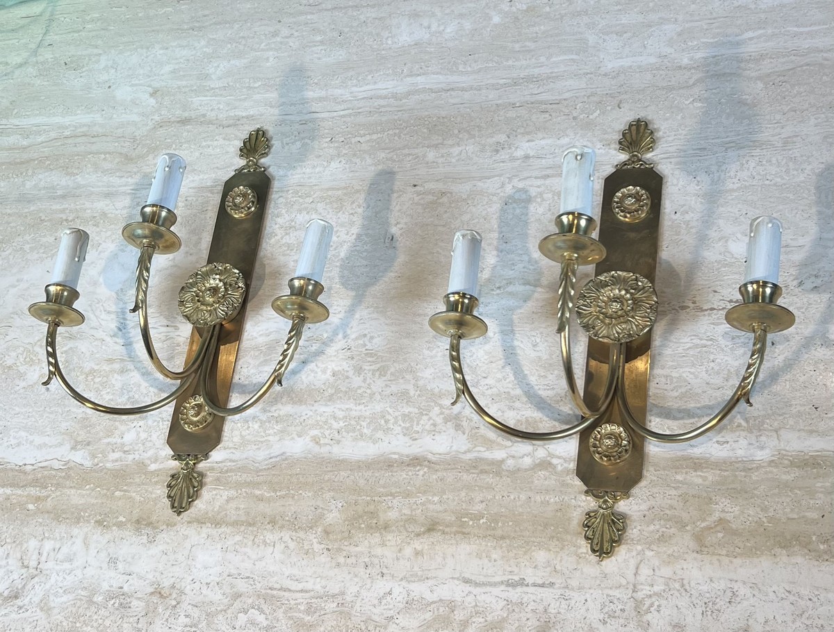 Paire d'Appliques Néoclassiques à Trois Bras de Lumière en Laiton à Décor de Rosaces et Palmett-photo-2