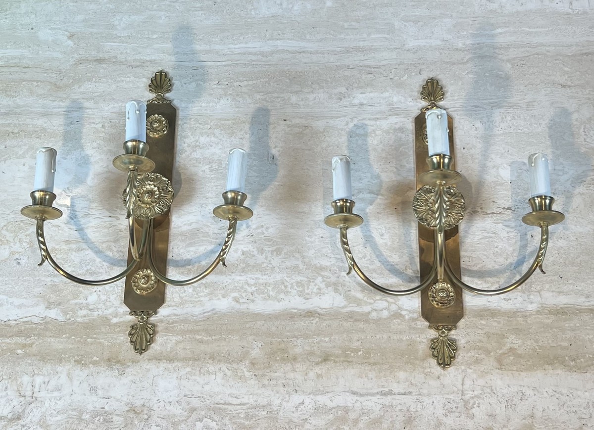 Paire d'Appliques Néoclassiques à Trois Bras de Lumière en Laiton à Décor de Rosaces et Palmett-photo-3