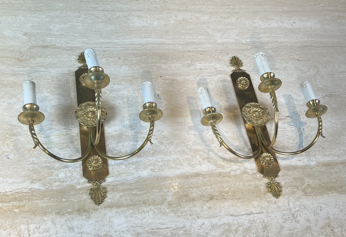 Paire d'Appliques Néoclassiques à Trois Bras de Lumière en Laiton à Décor de Rosaces et Palmett-photo-4