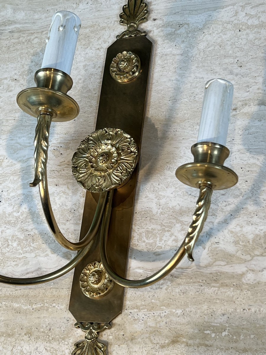 Paire d'Appliques Néoclassiques à Trois Bras de Lumière en Laiton à Décor de Rosaces et Palmett-photo-4