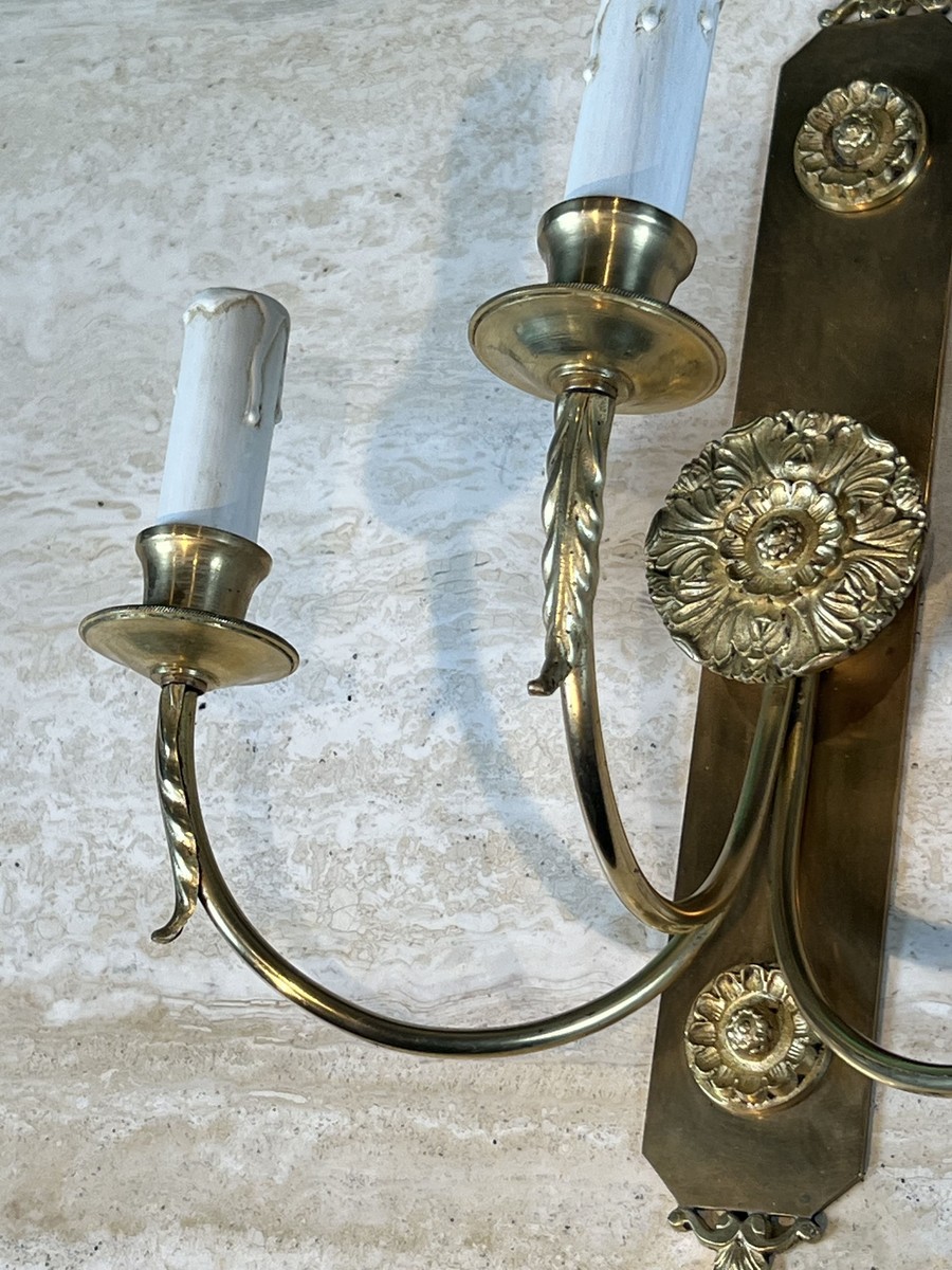 Paire d'Appliques Néoclassiques à Trois Bras de Lumière en Laiton à Décor de Rosaces et Palmett-photo-5