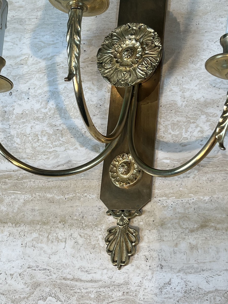Paire d'Appliques Néoclassiques à Trois Bras de Lumière en Laiton à Décor de Rosaces et Palmett-photo-6