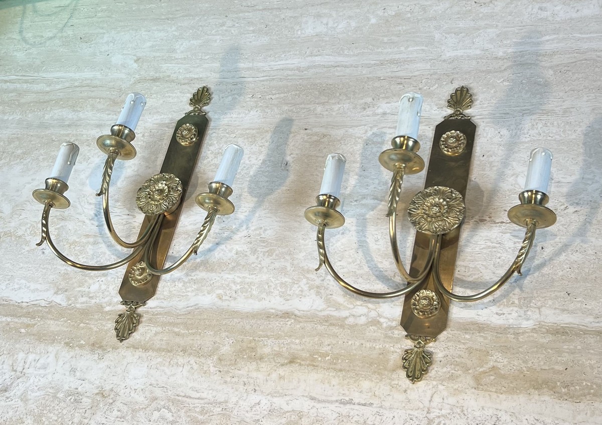 Paire d'Appliques Néoclassiques à Trois Bras de Lumière en Laiton à Décor de Rosaces et Palmett-photo-7