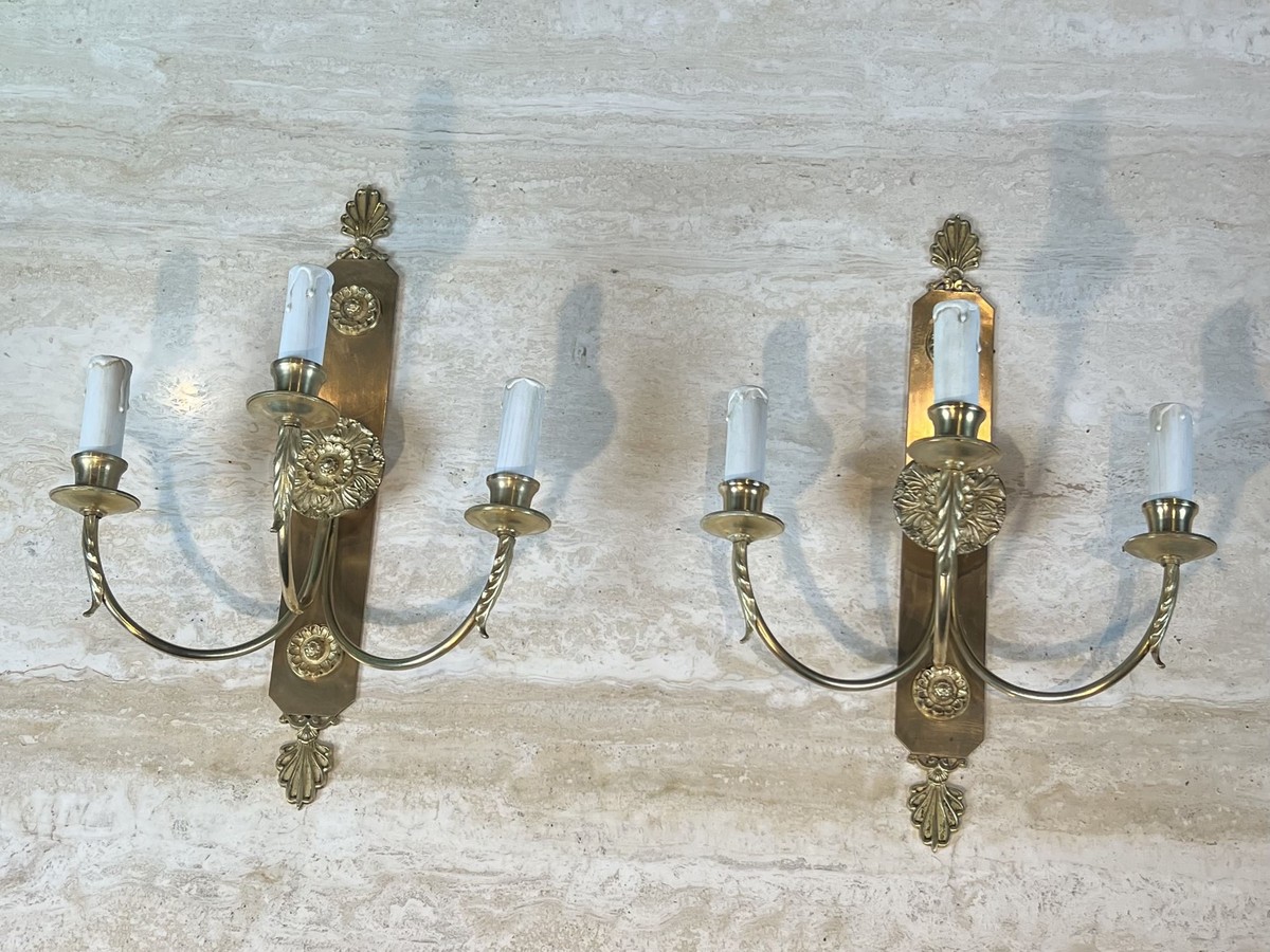 Paire d'Appliques Néoclassiques à Trois Bras de Lumière en Laiton à Décor de Rosaces et Palmett-photo-8