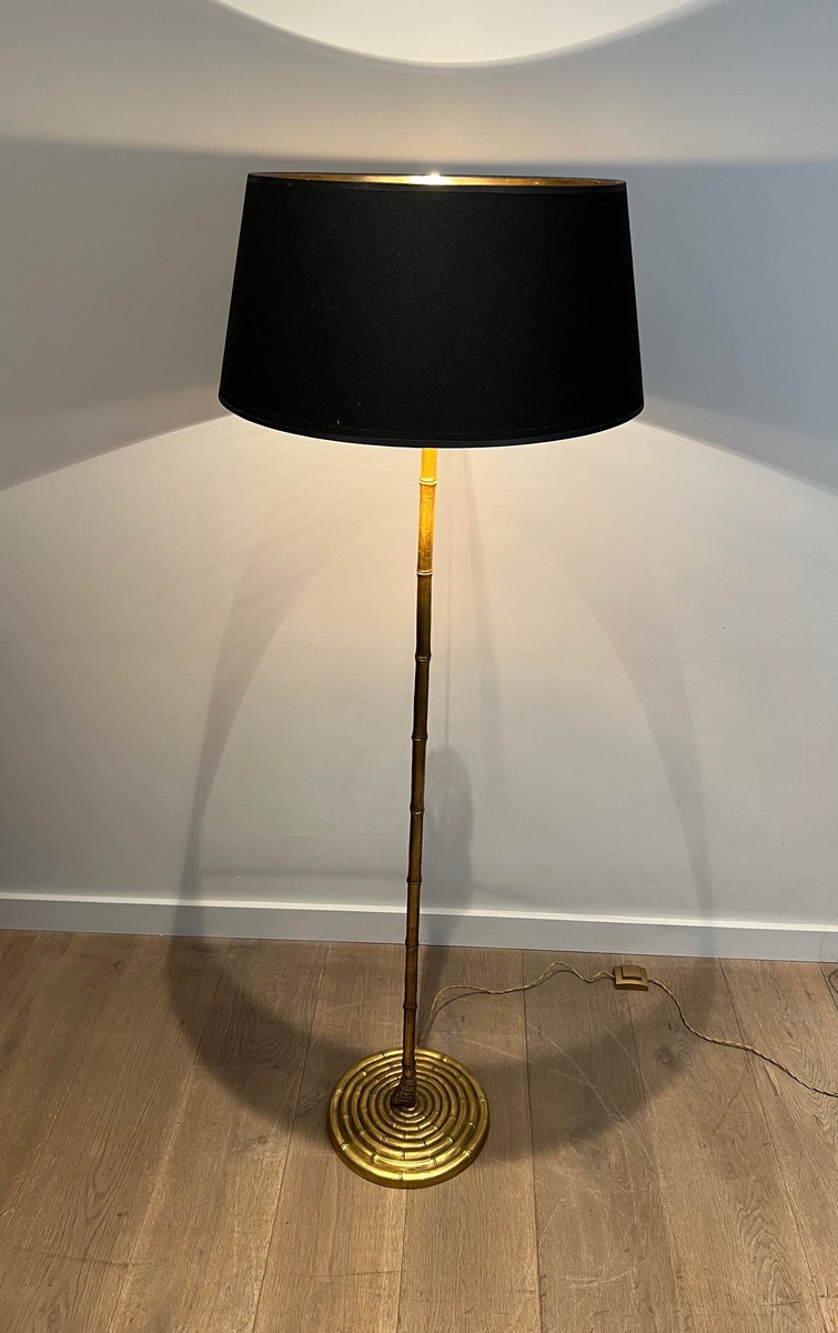 Lampadaire Faux Bambou en Bronze Doré. Base Circulaire. Travail Français Maison Baguès. Vers 19-photo-8