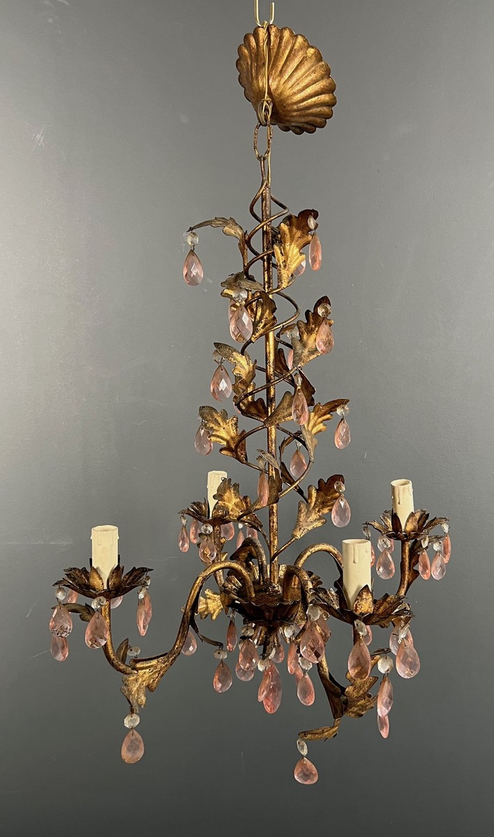 Gilt Metal Chandelier With Foliage Decoration And Pink Crystal Drops. Italian Work. Circa 1950-photo-3