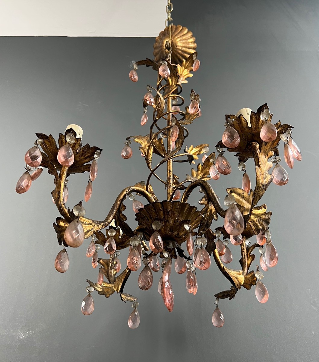 Gilt Metal Chandelier With Foliage Decoration And Pink Crystal Drops. Italian Work. Circa 1950-photo-2