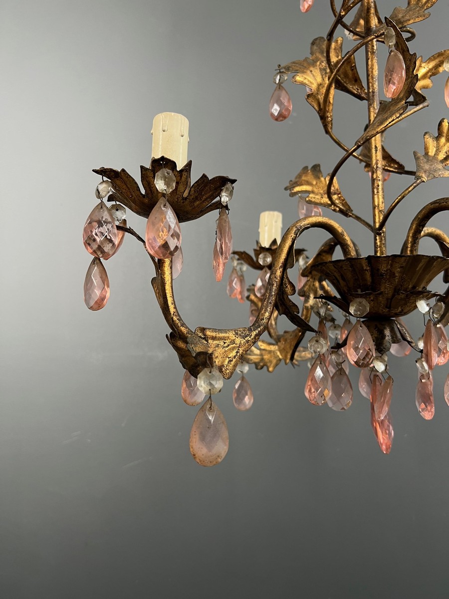 Gilt Metal Chandelier With Foliage Decoration And Pink Crystal Drops. Italian Work. Circa 1950-photo-6