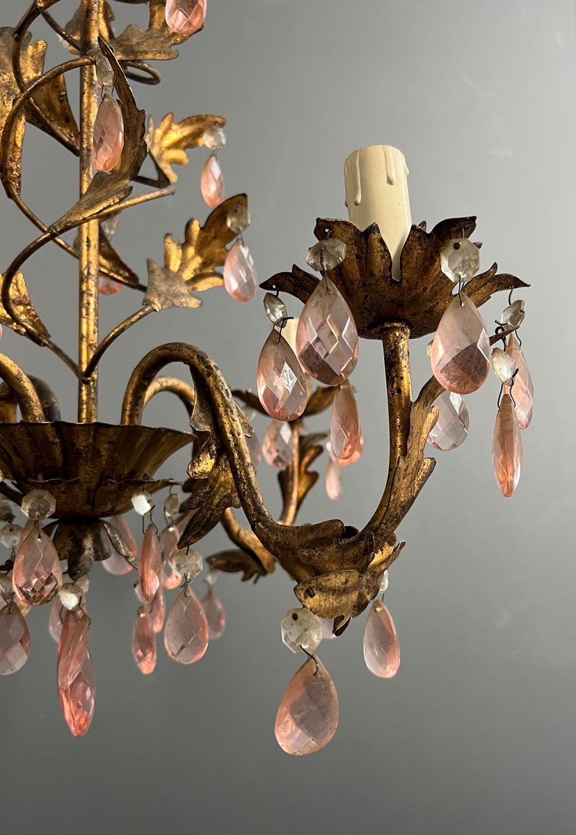 Gilt Metal Chandelier With Foliage Decoration And Pink Crystal Drops. Italian Work. Circa 1950-photo-7