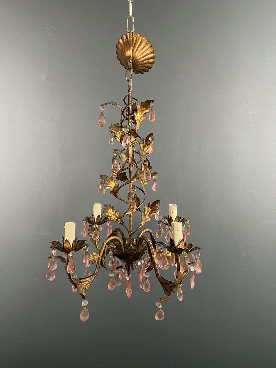 Gilt Metal Chandelier With Foliage Decoration And Pink Crystal Drops. Italian Work. Circa 1950-photo-8