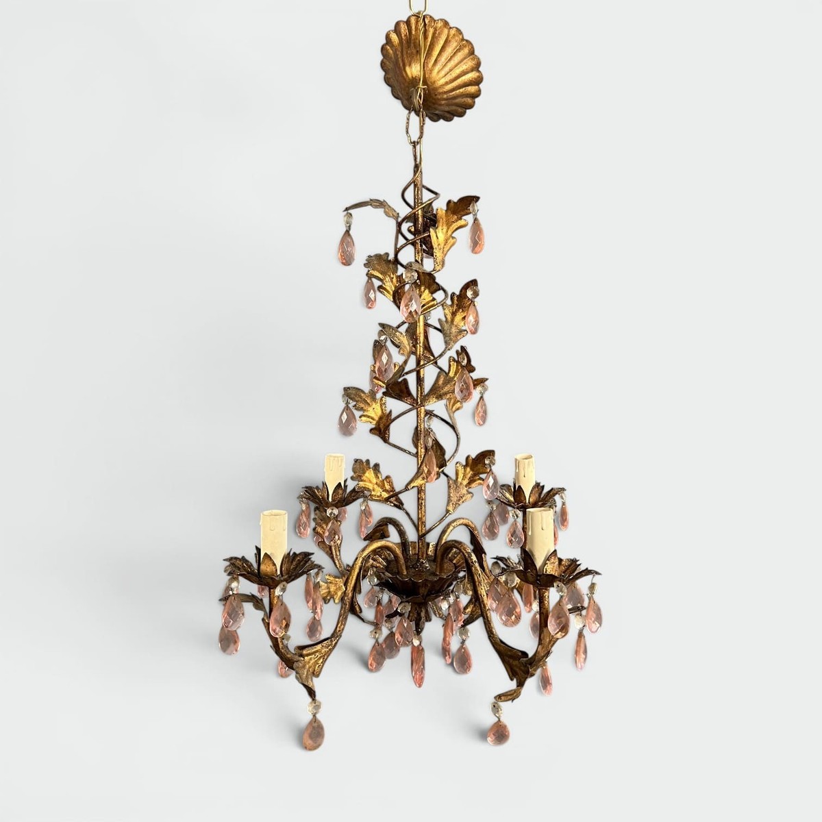 Gilt Metal Chandelier With Foliage Decoration And Pink Crystal Drops. Italian Work. Circa 1950