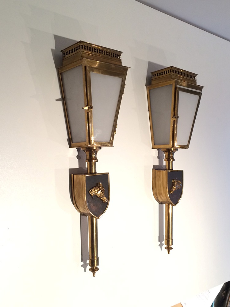 Pair Of Brass And Bronze Horses Wall Lantern. Circa 1950
