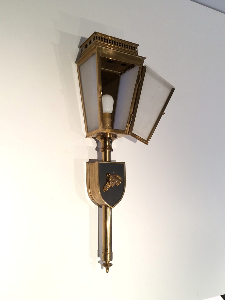 Pair Of Brass And Bronze Horses Wall Lantern. Circa 1950-photo-1