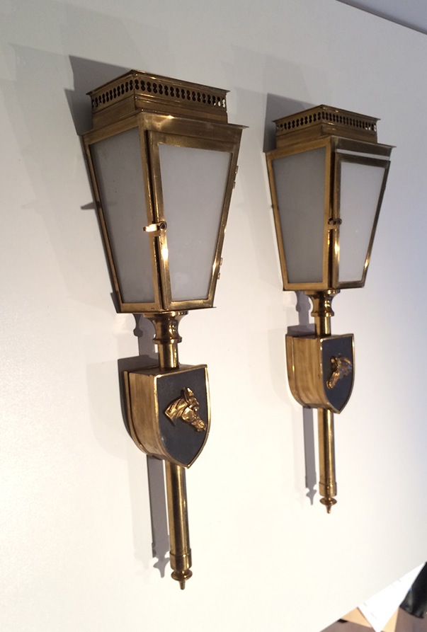 Pair Of Brass And Bronze Horses Wall Lantern. Circa 1950-photo-7