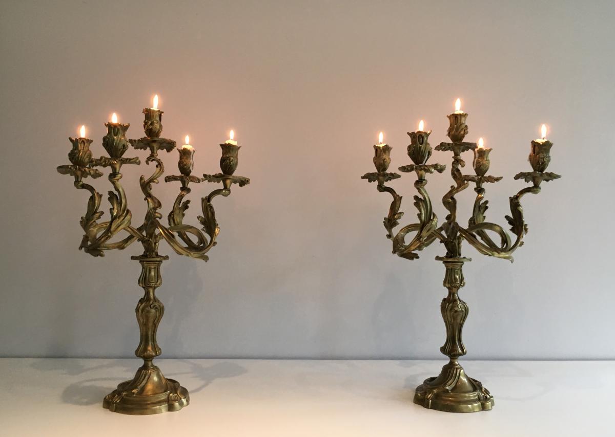 Pair Of Candlesticks In Bronze 5 Arm Of Light. Around 1900