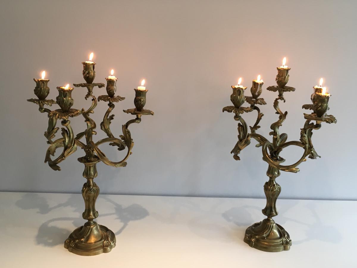 Pair Of Candlesticks In Bronze 5 Arm Of Light. Around 1900-photo-2