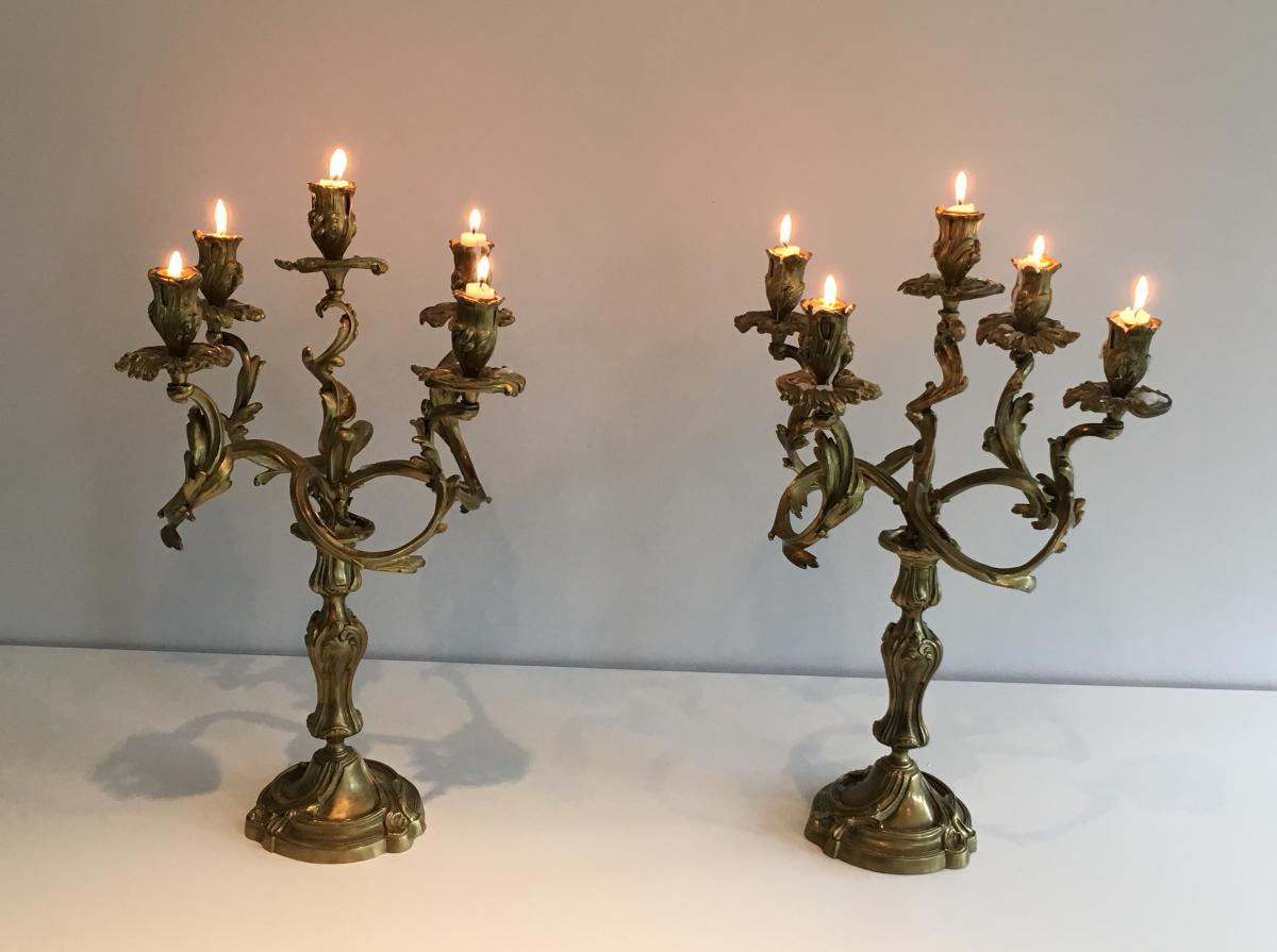 Pair Of Candlesticks In Bronze 5 Arm Of Light. Around 1900-photo-4
