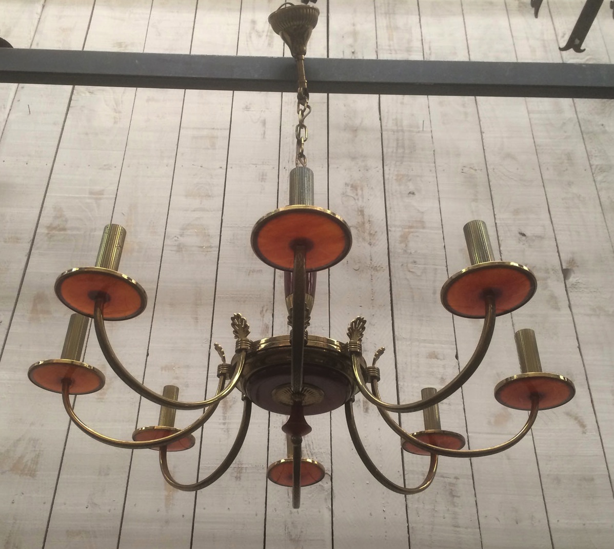 Neoclassical Chandelier In Brass And Red Plexiglas. About 1970-photo-3