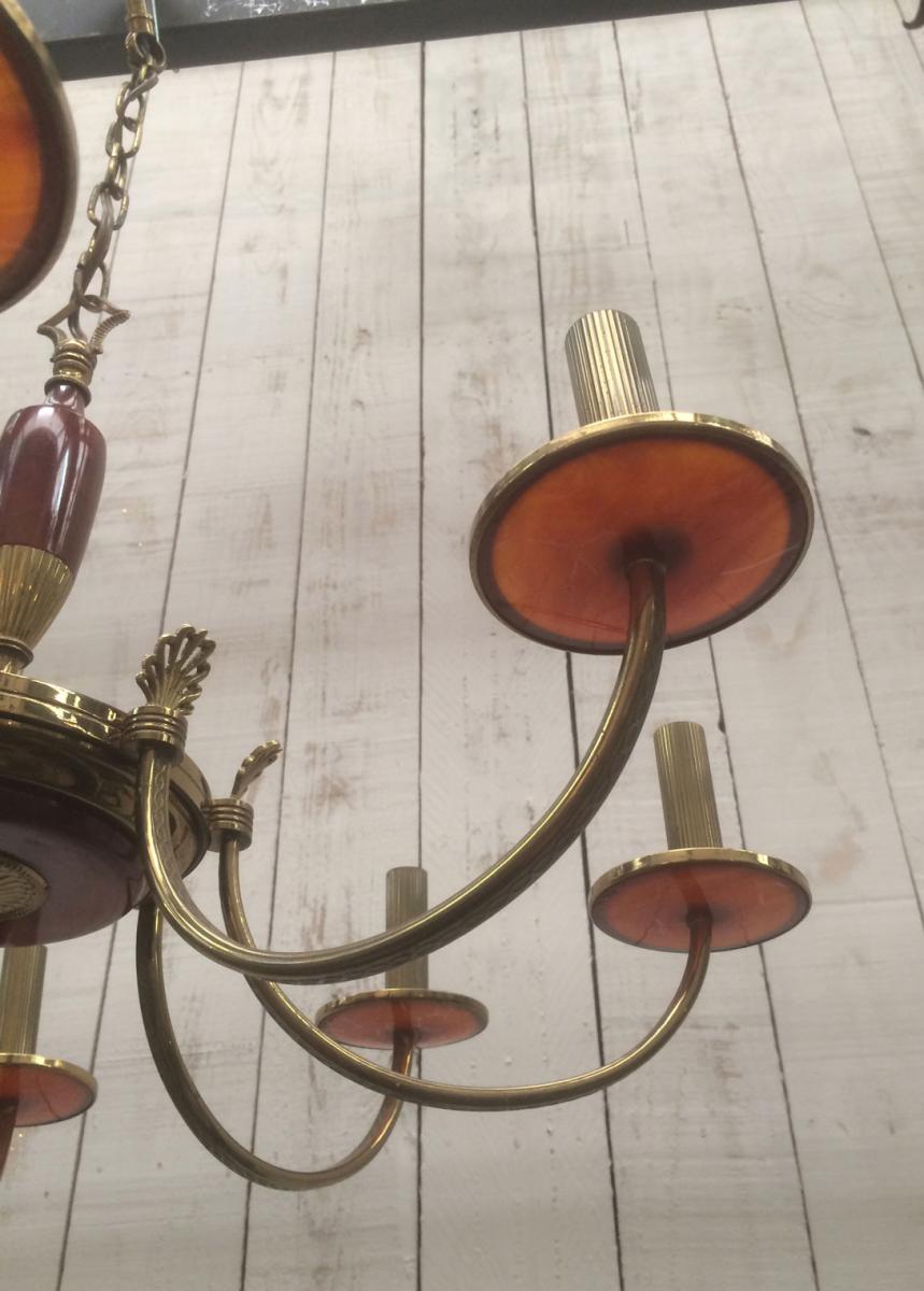 Neoclassical Chandelier In Brass And Red Plexiglas. About 1970-photo-1