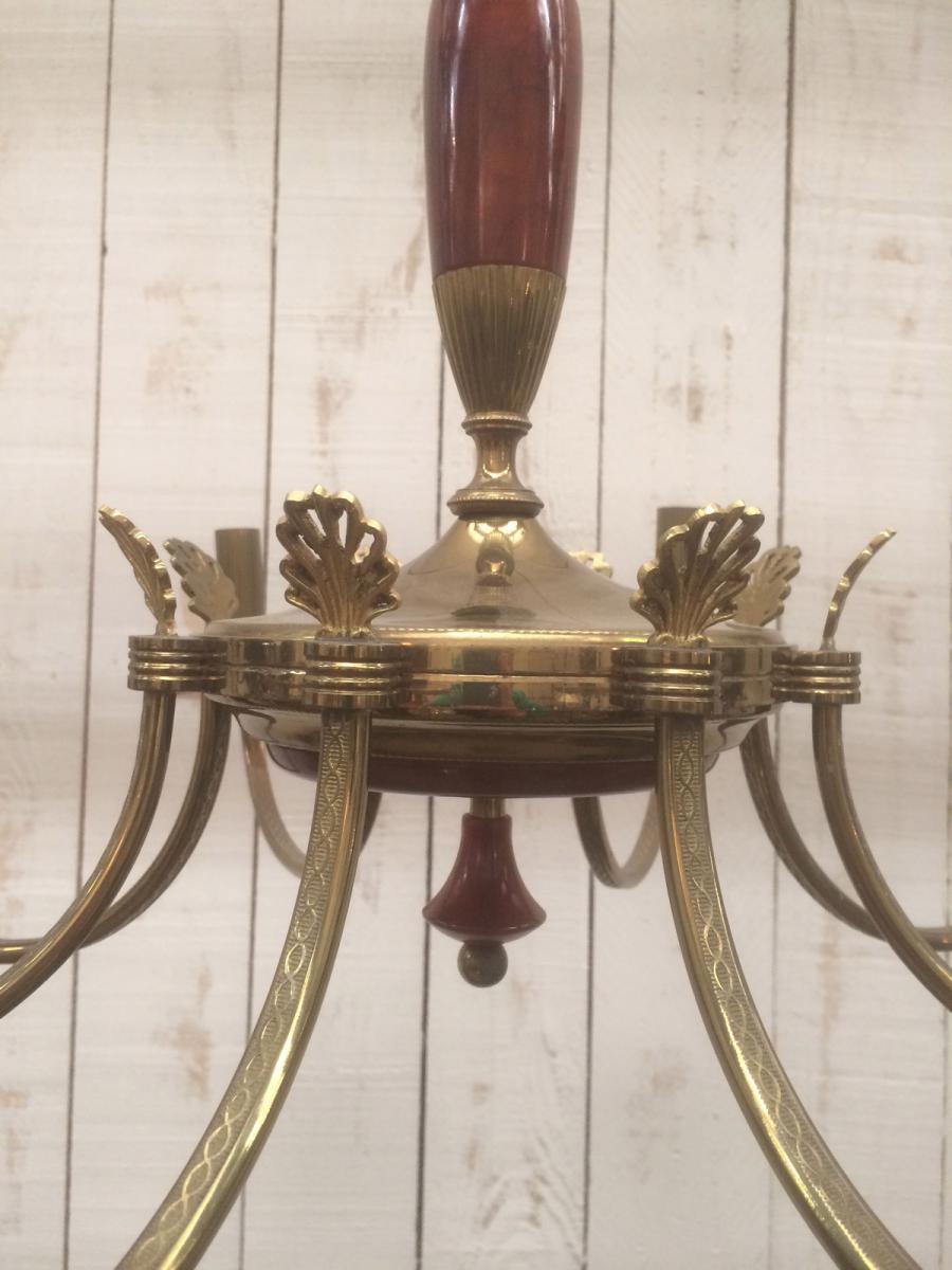 Neoclassical Chandelier In Brass And Red Plexiglas. About 1970-photo-5