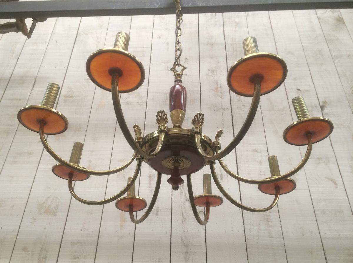 Neoclassical Chandelier In Brass And Red Plexiglas. About 1970-photo-7