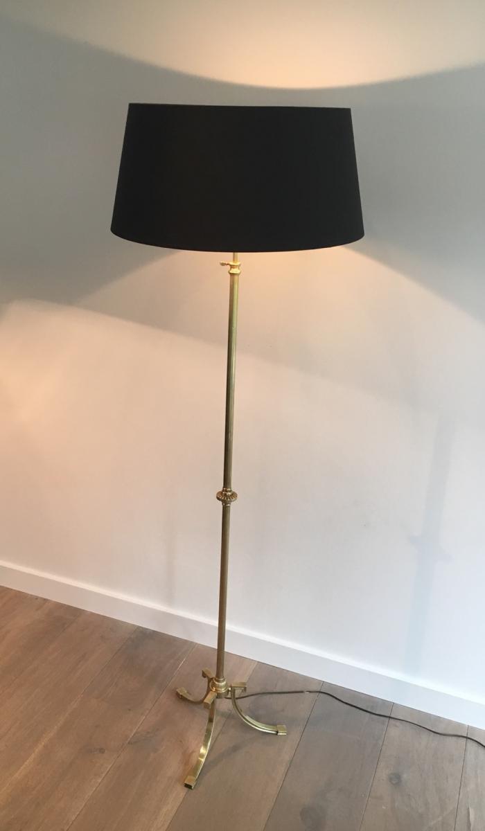 Brass Floor Lamp And Lampshade Black And Gilded Inside. Around 1940