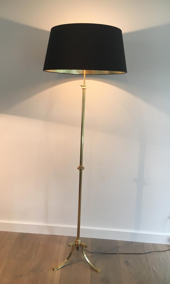 Brass Floor Lamp And Lampshade Black And Gilded Inside. Around 1940-photo-2