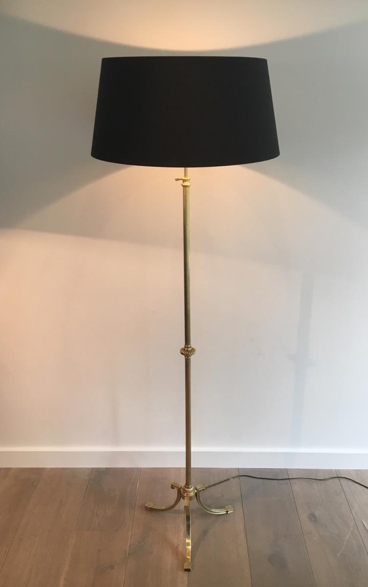 Brass Floor Lamp And Lampshade Black And Gilded Inside. Around 1940-photo-4