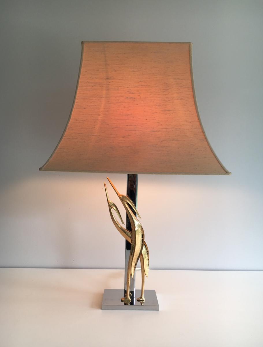 Beautiful Sculpture Lamp Representing Birds. Bronze And Chrome. Around 1970-photo-2