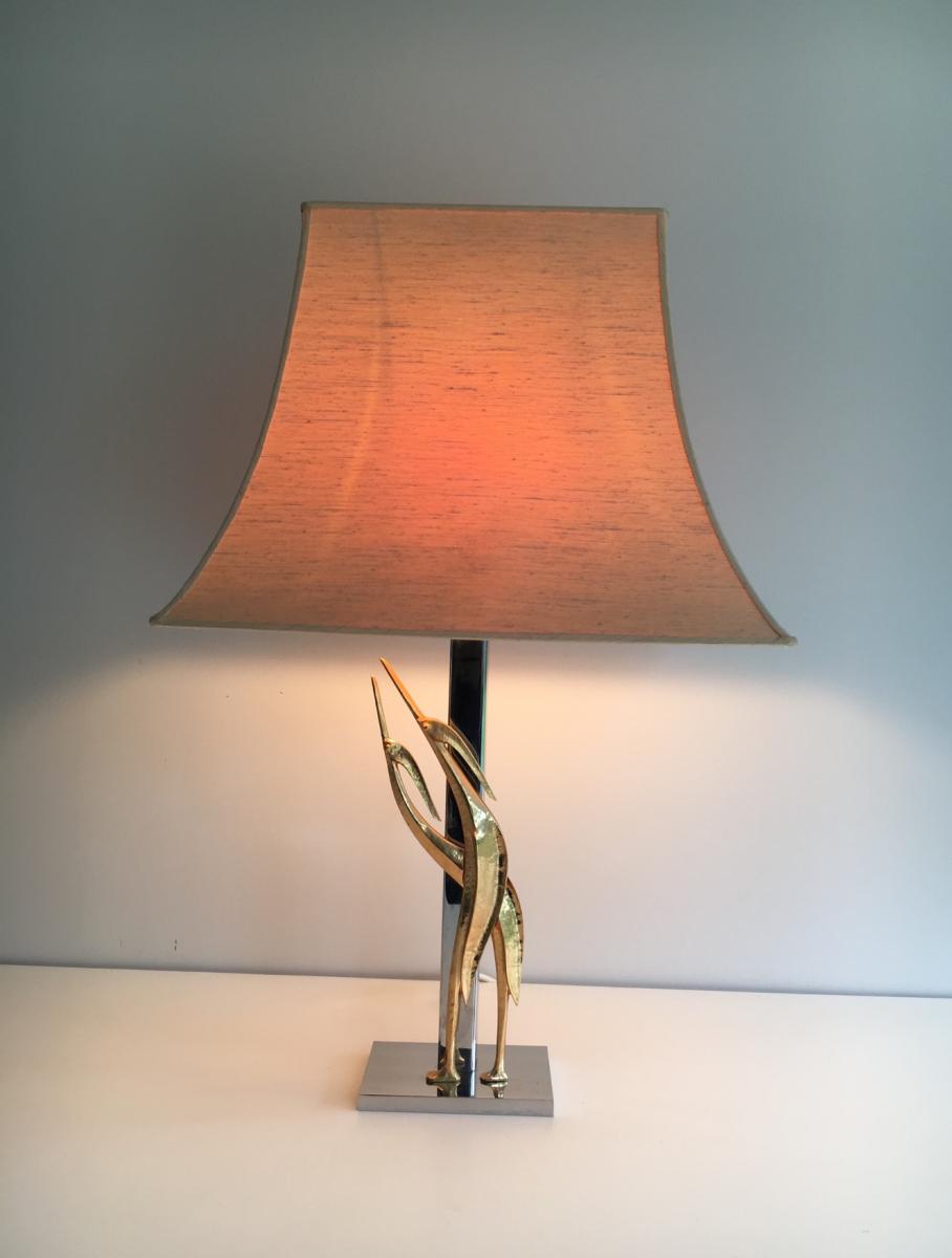 Beautiful Sculpture Lamp Representing Birds. Bronze And Chrome. Around 1970-photo-2
