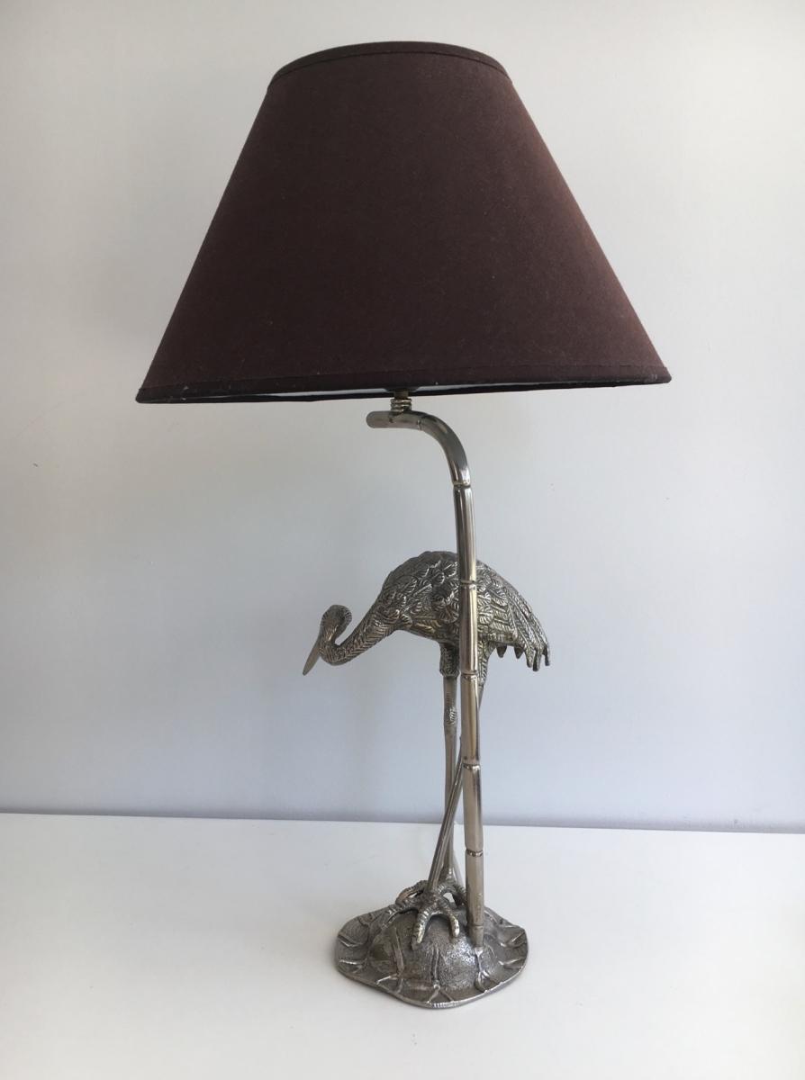 Maison Bagués. Lampe Au Héron En Métal Argenté. Vers 1960 -photo-4